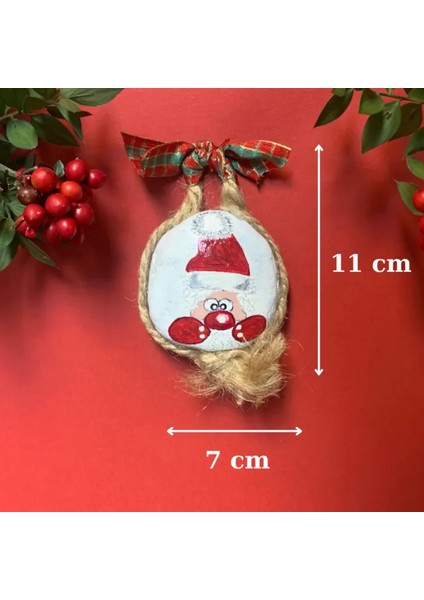 El Yapımı Taş Üzerine Noel Baba Figürü Yılbaşı Duvar Dekoru / Ağaç Süsü - 8 x 8 cm