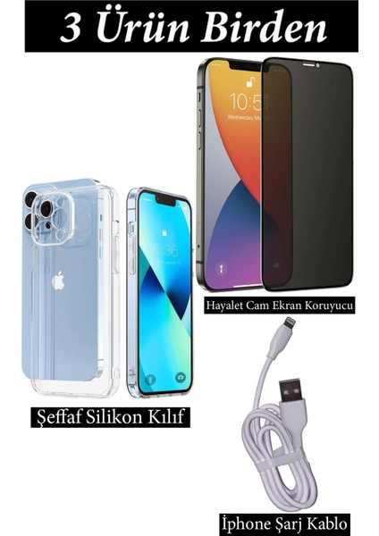 Apple iphone 12 Pro Hayalet Ekran Koruyucu, Şeffaf Kılıf ve Şarj Kablosu Seti | 3'lü Koruma Paketi