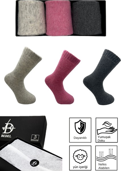 Gri, Pembe, Antrasit Uzun Kadın Kutulu 3'lü Yünlü Kışlık Soket Çorap