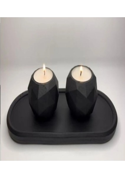 Geometrik Beton Mumluk Set Mat Siyah 3 Parça Oval Tealight Mumluk(2 Adet Tealight Dahil)