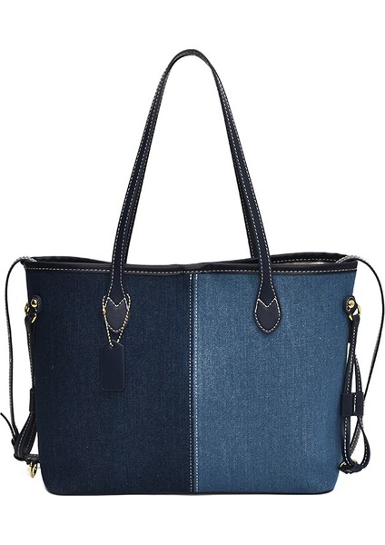 Moda Basit Kontrast Renk Dekme Denim Crossbody Çanta Iki Parçalı Set (Yurt Dışından)