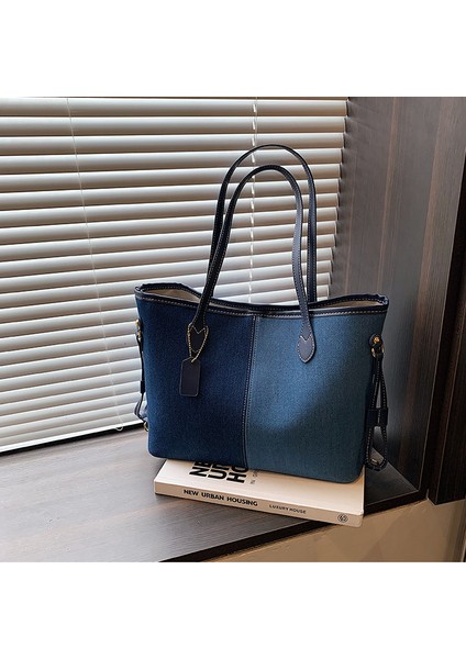 Moda Basit Kontrast Renk Dekme Denim Crossbody Çanta Iki Parçalı Set (Yurt Dışından)