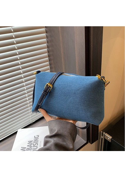 Moda Basit Kontrast Renk Dekme Denim Crossbody Çanta Iki Parçalı Set (Yurt Dışından)