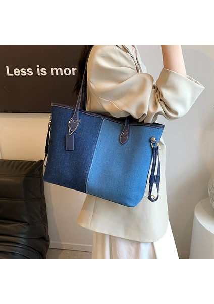 Moda Basit Kontrast Renk Dekme Denim Crossbody Çanta Iki Parçalı Set (Yurt Dışından)