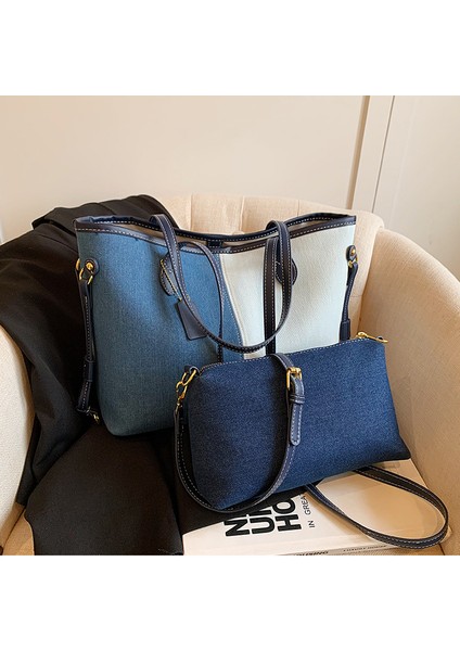 Moda Basit Kontrast Renk Dekme Denim Crossbody Çanta Iki Parçalı Set (Yurt Dışından)