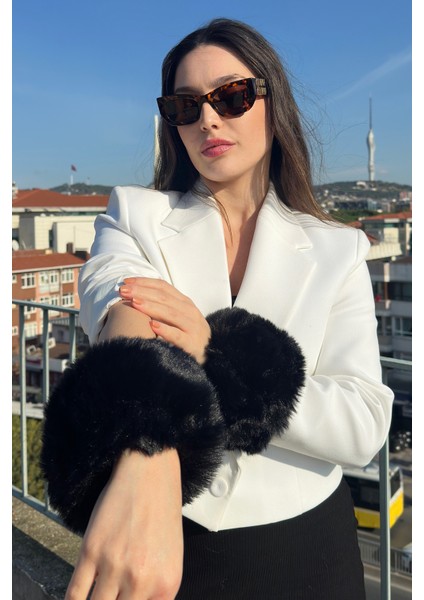 Kadın Beyaz Kürk Peluş Tüylü Faux Fur Kolluk / Bileklik / Eldiven
