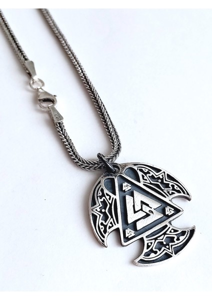 Gümüş Iskandinav Valknut Balta Tasarım Tilki Kuruğu Zincir Erkek Kolye Yılbaşı Yeni Yıl Hediye