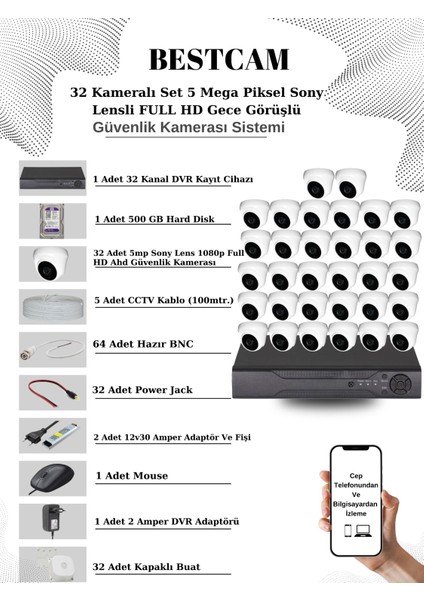 32 Kameralı Set 5 Mega Piksel Sony Lensli Full Hd Gece Görüşlü Güvenlik Dome Kamera Seti 500 GB Hard Disk
