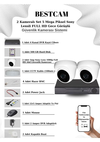 2 Kameralı Set 5 Mega Piksel Sony Lensli Full Hd Gece Görüşlü Güvenlik Dome Kamera Seti 500 GB Hard Disk