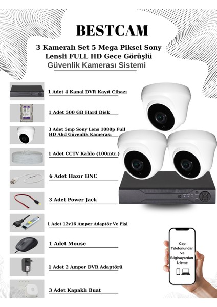 3 Kameralı Set 5 Mega Piksel Sony Lensli Full Hd Gece Görüşlü Güvenlik Dome Kamera Seti 500 GB Hard Disk