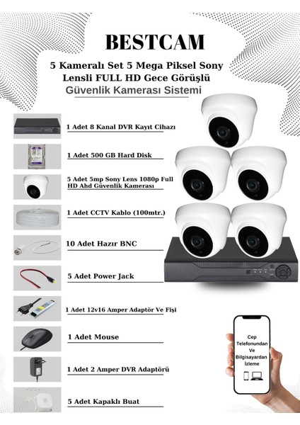 5 Kameralı Set 5 Mega Piksel Sony Lensli Full Hd Gece Görüşlü Güvenlik Dome Kamera Seti 500 GB Hard Disk