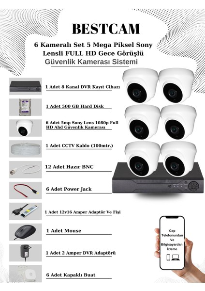 6 Kameralı Set 5 Mega Piksel Sony Lensli Full Hd Gece Görüşlü Güvenlik Dome Kamera Seti 500 GB Hard Disk