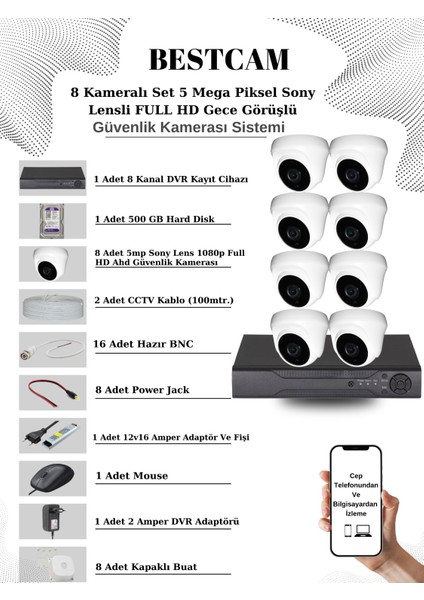 8 Kameralı Set 5 Mega Piksel Sony Lensli Full Hd Gece Görüşlü Güvenlik Dome Kamera Seti 500 GB Hard Disk