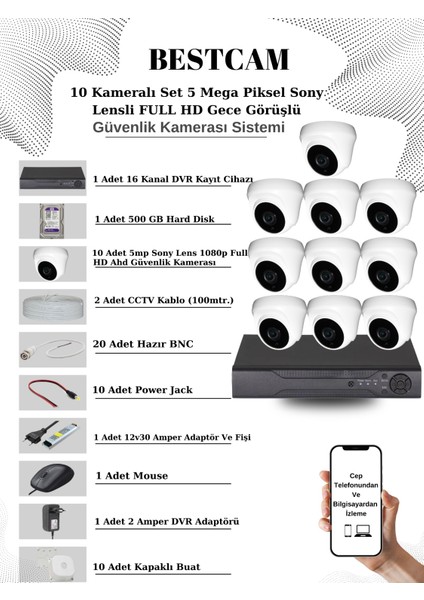 10 Kameralı Set 5 Mega Piksel Sony Lensli Full Hd Gece Görüşlü Güvenlik Dome Kamera Seti 500 GB Hard Disk