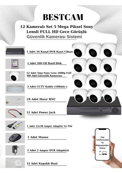 12 Kameralı Set 5 Mega Piksel Sony Lensli Full Hd Gece Görüşlü Güvenlik Dome Kamera Seti 500 GB Hard Disk