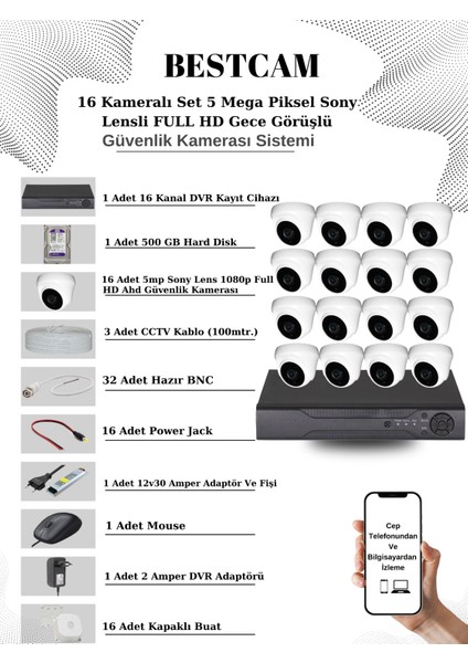 16 Kameralı Set 5 Mega Piksel Sony Lensli Full Hd Gece Görüşlü Güvenlik Dome Kamera Seti 500 GB Hard Disk
