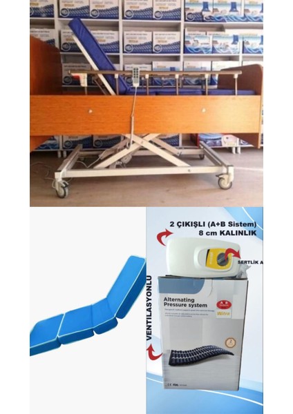 3 Motorlu Ahşap Hasta Karyolası+ 4 Parçalı Yatak + A+B Sistemli 8 Cm Boru Tipi Havalı Yatak Takım