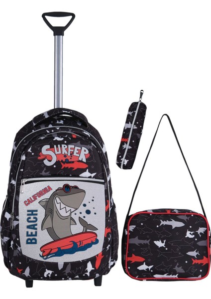 Çekçekli 3'lü Okul Seti, Siyah Köpek Balığı Desenli Ilkokul Çantası + Beslenme Çantası + Kalemlik