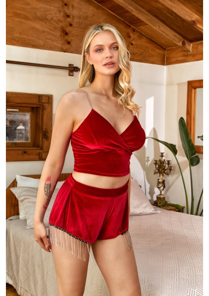 Kadın Kırmızı Kadife Şort Takım 25032