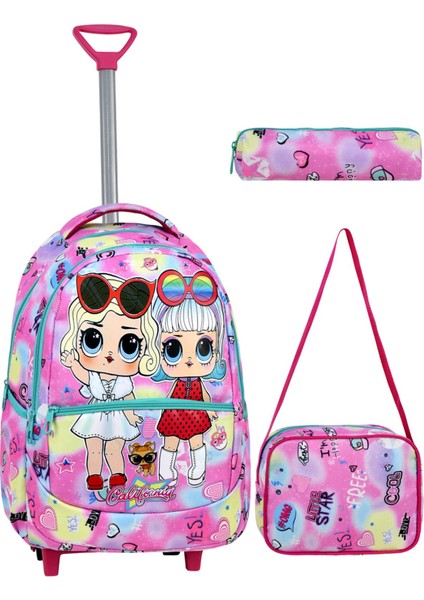 Çekçekli 3'lü Okul Seti, Renkli Desenli Ilkokul Çantası + Beslenme Çantası + Kalemlik