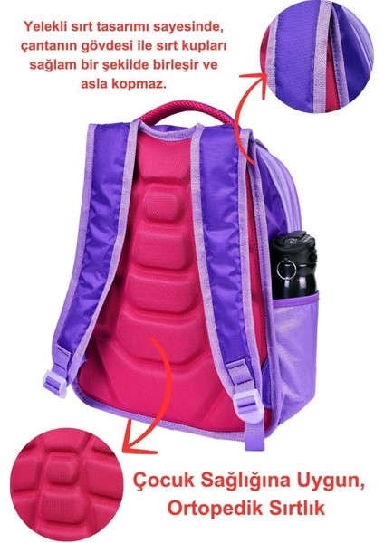 Mor Tavşan Baskılı, Su Geçirmez, Ortopedik Sırt Özellikli, Ilkokul Çantası + Beslenme Çantası modelleri