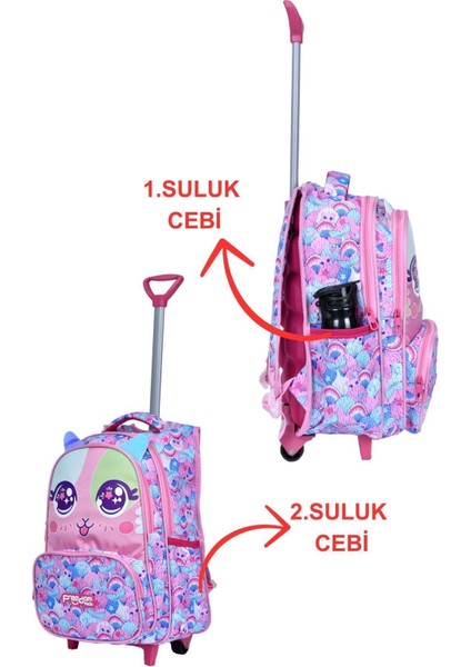 Çekçekli Pembe Kedi Baskılı, Ortopedik Sırt Özellikli, Ilkokul Çantası + Beslenme Çantası fiyatları
