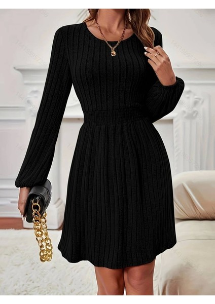 Kadın Uzun Kollu Bisiklet Yaka Beli Lastikli Şardonlu Kaşkorse Mini Elbise fiyatları