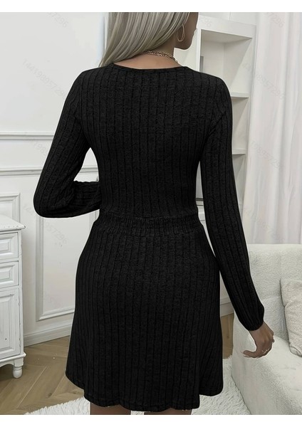 Kadın Uzun Kollu Bisiklet Yaka Beli Lastikli Şardonlu Kaşkorse Mini Elbise modelleri