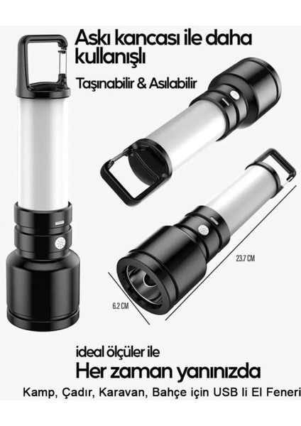 Gold Silver 5W Usb'li El Feneri 4 Farklı Işık Modu Kamp Karavan Çadır ve Dağ Yürüyüşü