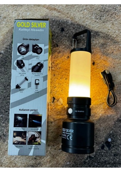 Gold Silver 5W Usb'li El Feneri 4 Farklı Işık Modu Kamp Karavan Çadır ve Dağ Yürüyüşü