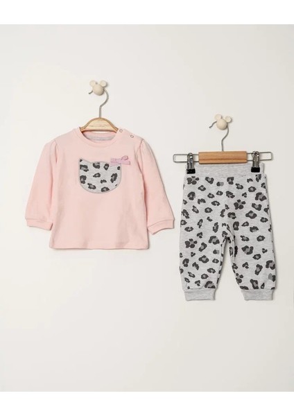 Pamuklu Nakışlı Sweat Patiksiz Alt 2li Pembe Bebe Takım