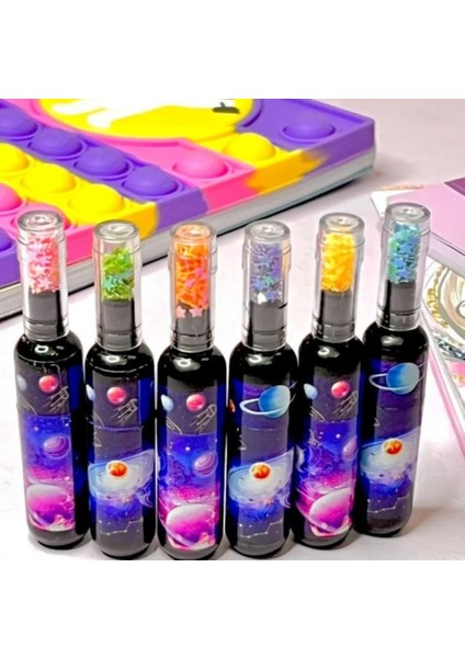 Galaksi Desenli Mini Renkli Keçeli Kalem Fosforlu Kalem 6'lı Set