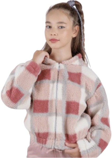 Fancy Kids Kız Çocuk Kapüşonlu Ekose Desenli Pelüş Hırka – Fermuarlı, Cepli, Yumuşak Doku