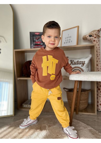 Hi Baskılı Şapkalı 3 Lü Erkek bebe takım - Sarı