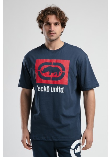 Ithaca Lacivert Bisiklet Yaka Nakışlı Oversize Erkek Tshirt