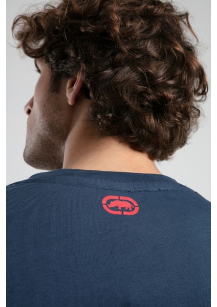 Ithaca Lacivert Bisiklet Yaka Nakışlı Oversize Erkek Tshirt