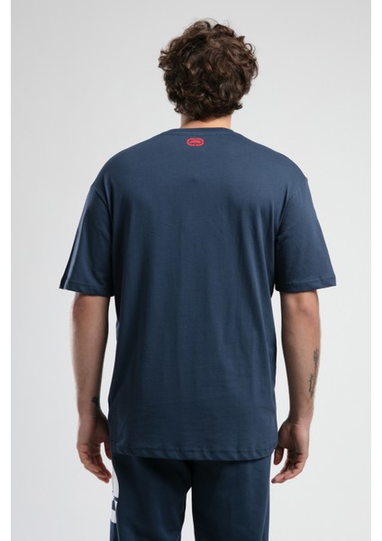 Ithaca Lacivert Bisiklet Yaka Nakışlı Oversize Erkek Tshirt