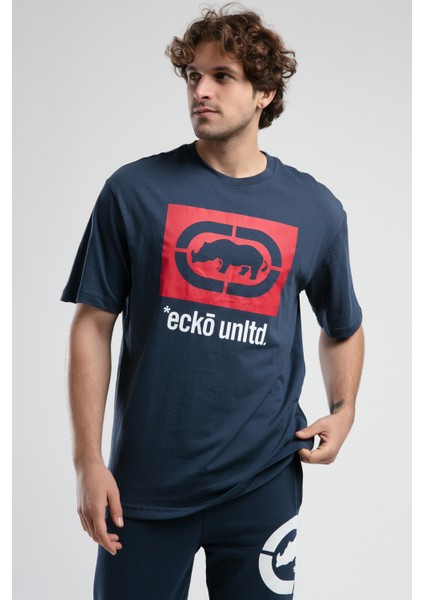 Ithaca Lacivert Bisiklet Yaka Nakışlı Oversize Erkek Tshirt