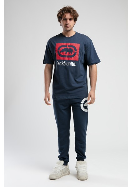 Ithaca Lacivert Bisiklet Yaka Nakışlı Oversize Erkek Tshirt
