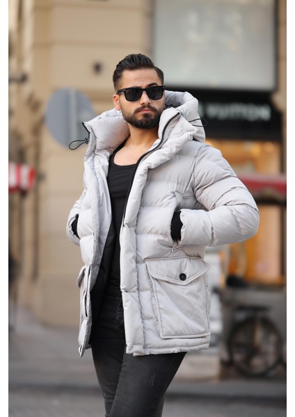 Erkek Kapşonlu Torba Cepli Kışlık Uzun Mont