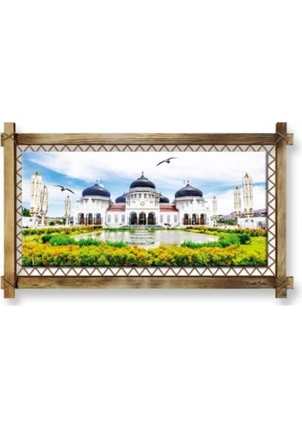 Kanvas Beyaz Camii LED Işıklı Rustik Tablo