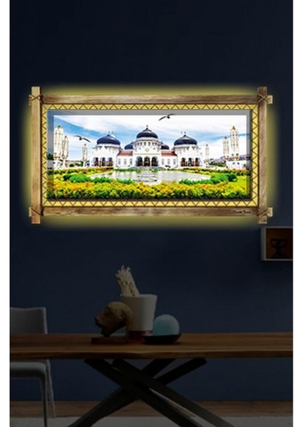Kanvas Beyaz Camii LED Işıklı Rustik Tablo