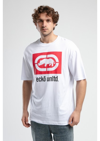 ECKO UNLTD Ithaca Beyaz Bisiklet Yaka Nakışlı Oversize Erkek Tshirt
