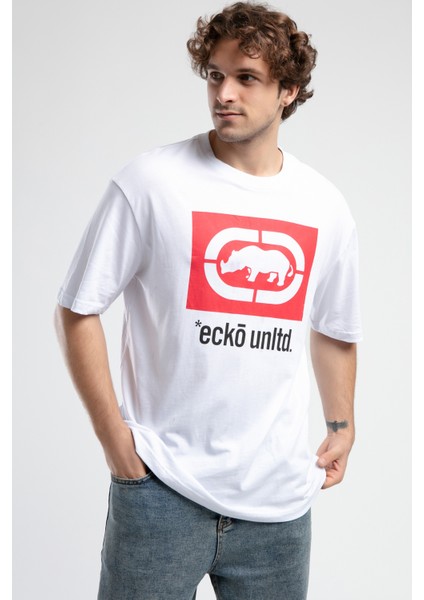 ECKO UNLTD Ithaca Beyaz Bisiklet Yaka Nakışlı Oversize Erkek Tshirt