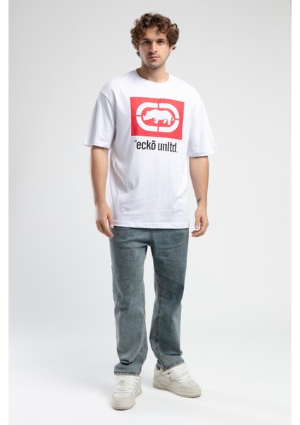 ECKO UNLTD Ithaca Beyaz Bisiklet Yaka Nakışlı Oversize Erkek Tshirt