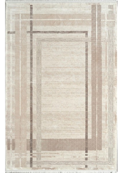 Voyage KJ06A Krem Vizon Viskon Akrilik Yumuşak Dokulu Modern Çizgili Halı