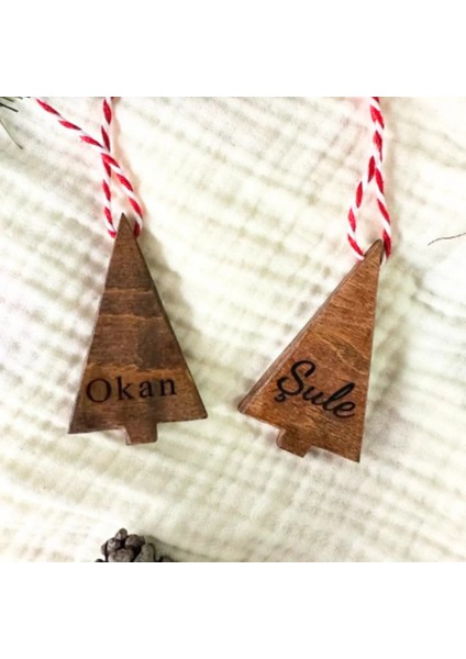2'li Isme Özel Çam Ağaçlı Yılbaşı Ahşap Süsü