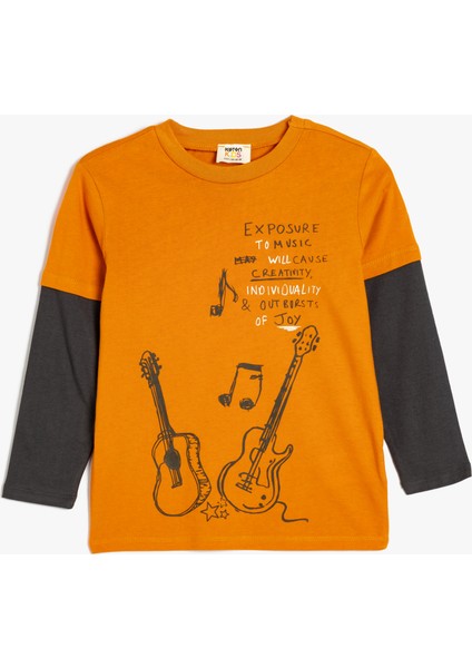 T-Shirt Gitar Baskı Detaylı Uzun Kollu Bisiklet Yaka Pamuklu