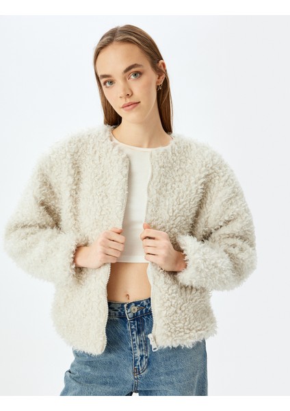 Bomber Yaka Fermuarlı Peluş Mont
