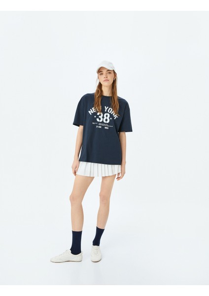 Kolej Baskılı Bisiklet Yaka Kısa Kollu Oversize T-Shirt